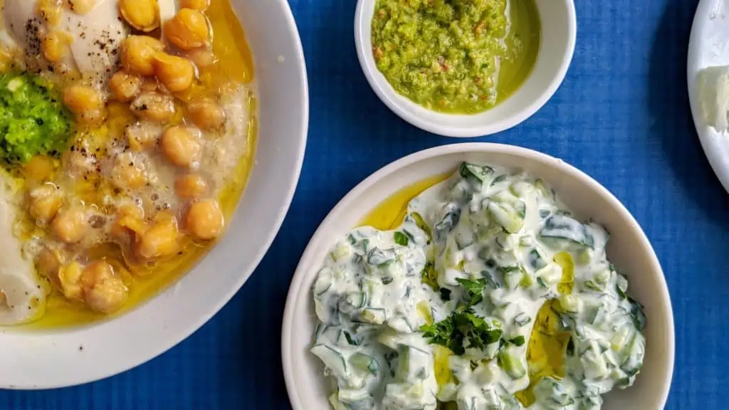 Tasty tzatziki and hummus are excellent appetizers.
