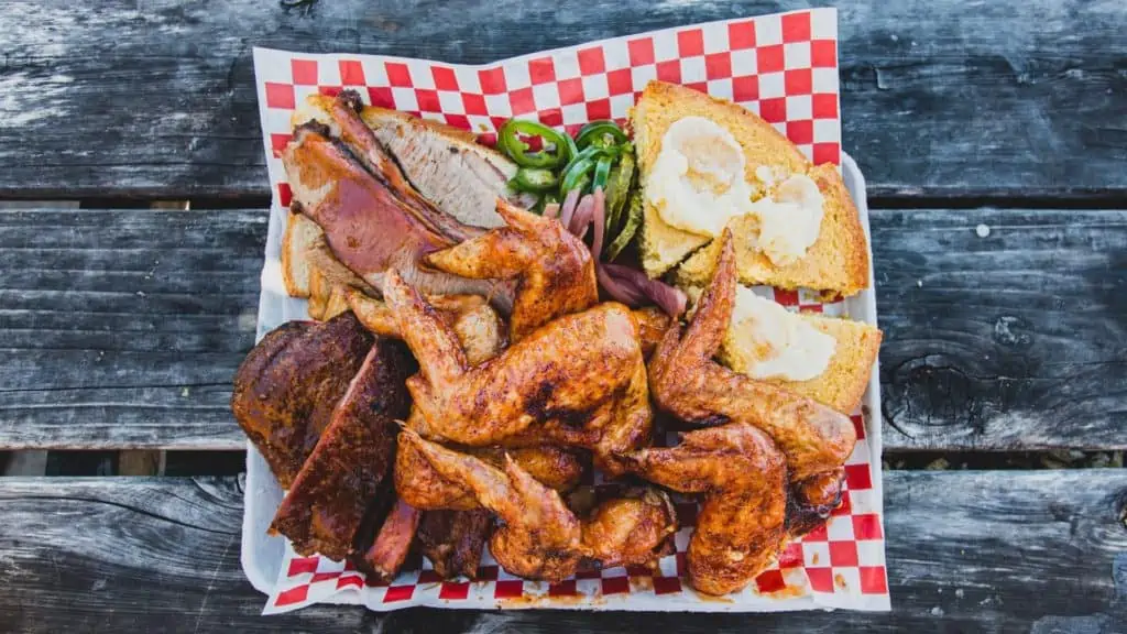 BBQ chicken, brisket, and buttered cornbread. Yum!