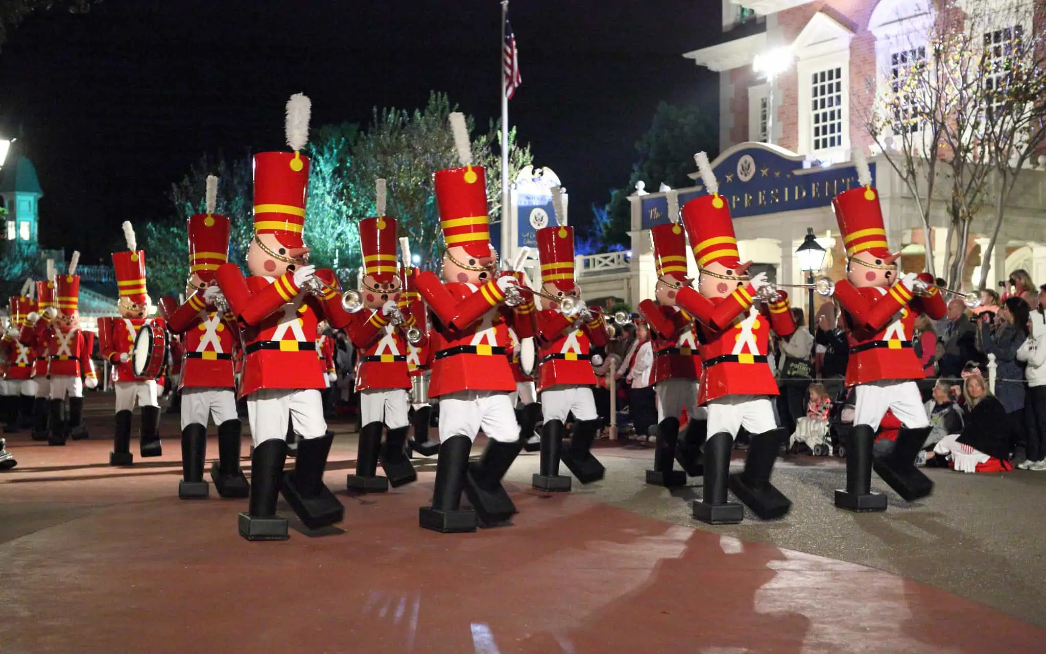 Toy soldiers in the Christmas parade are just some of Mickey's Very Merry Christmas Party characters