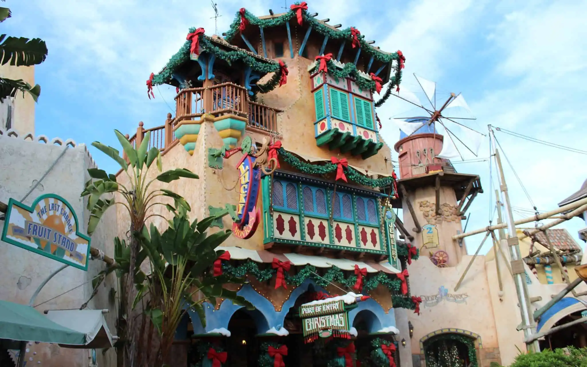 The World Showcase is decorated with bows and tinsel for the Festival of the Holidays. EPCOT International Festival of the Holidays